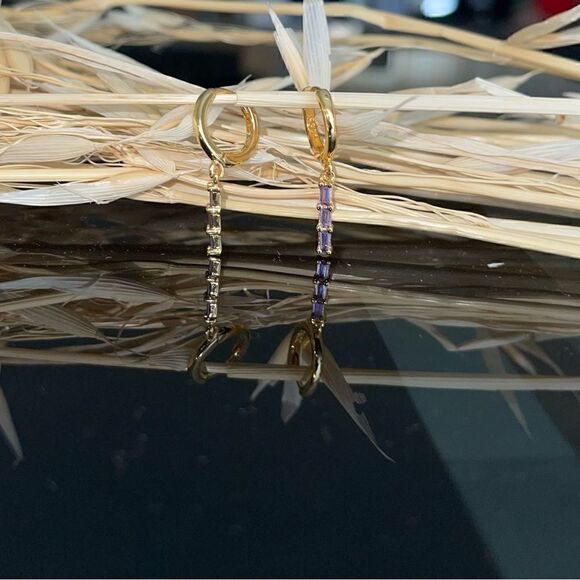 Gold Plated Dangle Huggie Hoop Earrings Dainty Minimalistic Silver CZ gems - Picture 4 of 4